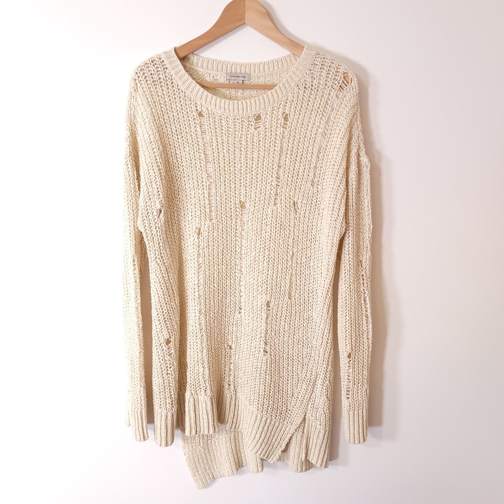Calvin Klein Womens XL Cream Distressed Open Knit Sweater Long Sleeve Ivory